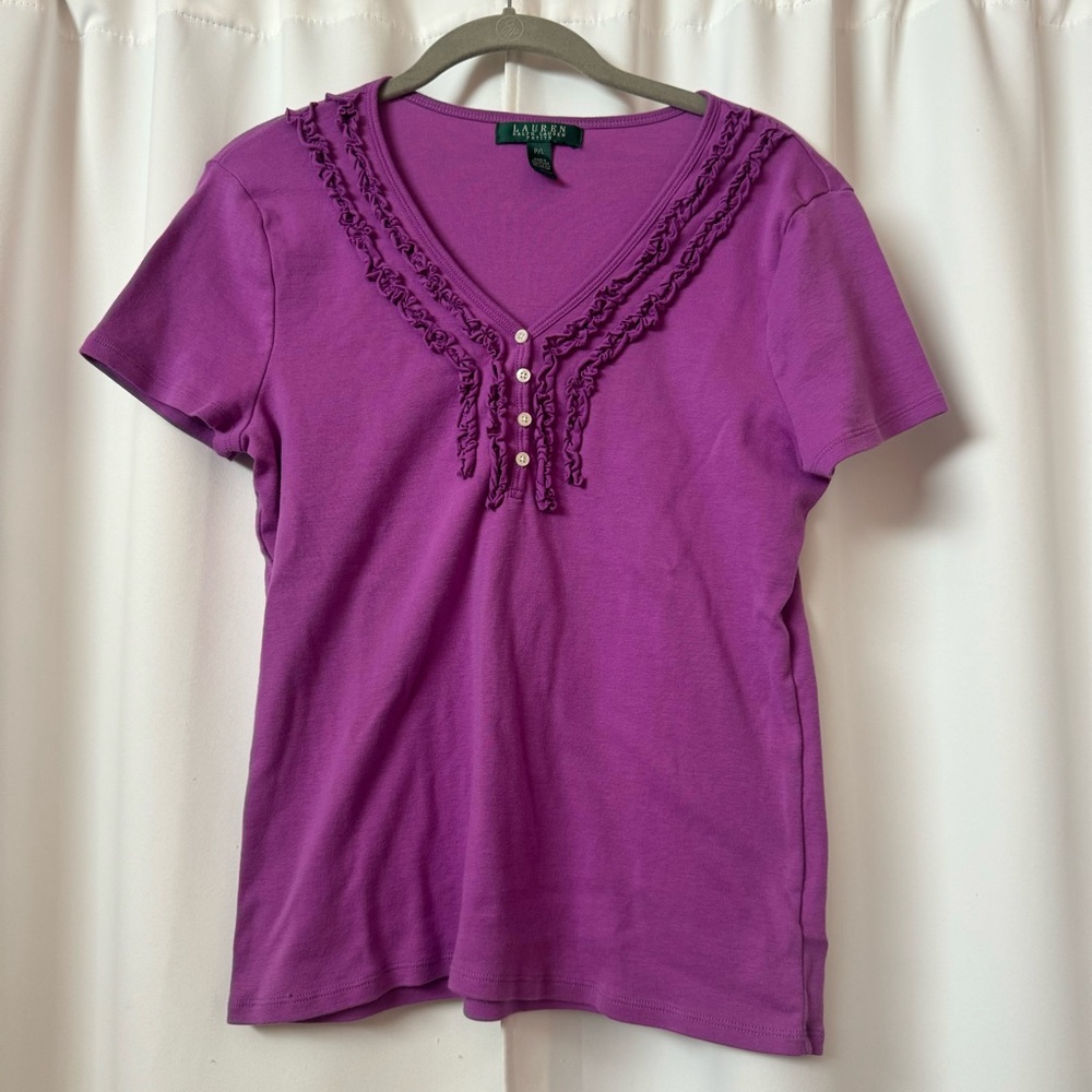 Lauren Ralph Lauren Purple Ruffle Cotton T-Shirt Size Petite Large